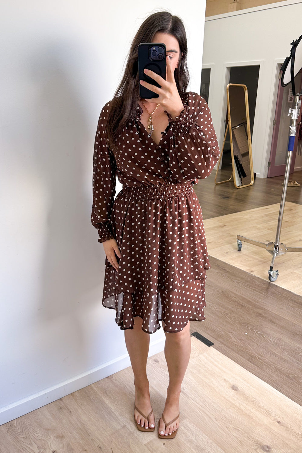 Chocolate Polka Dot Ruffled Floaty Dress