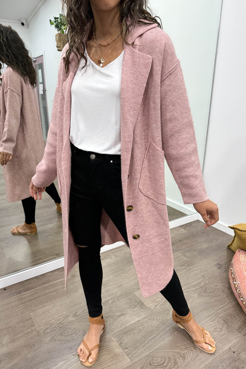 Pink Oversized Thick Cardi Coat Feature Buttons