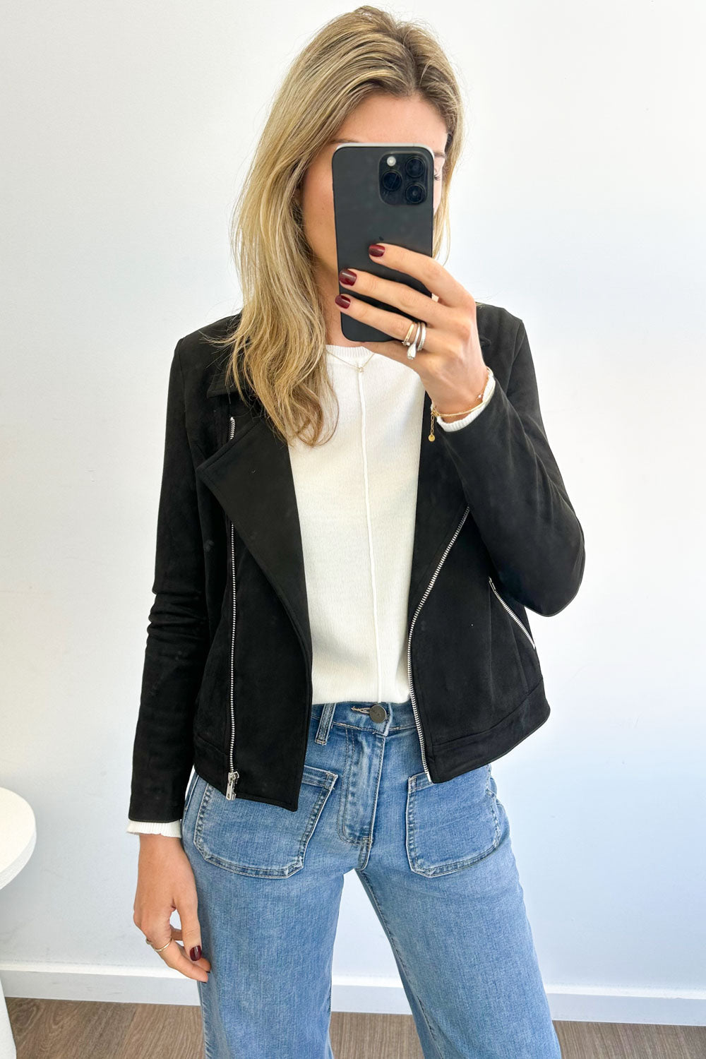 Black Suede Look Jacket Stylish Comfy Flattering Length