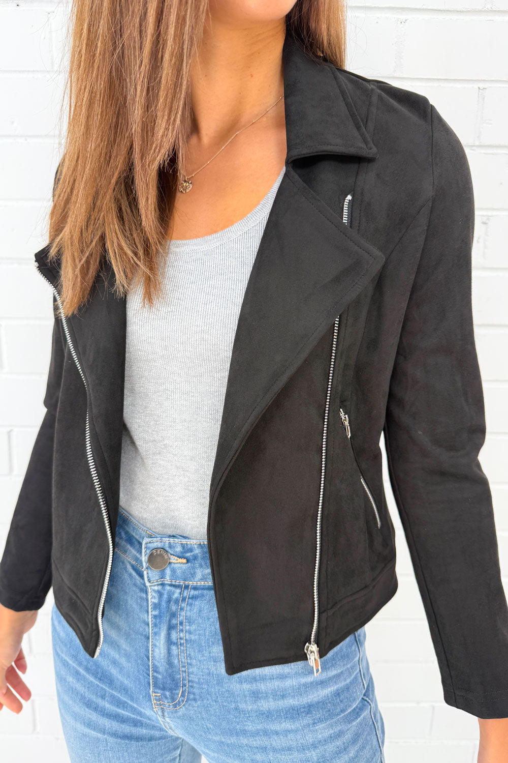 Black Suede Look Jacket Stylish Comfy Flattering Length