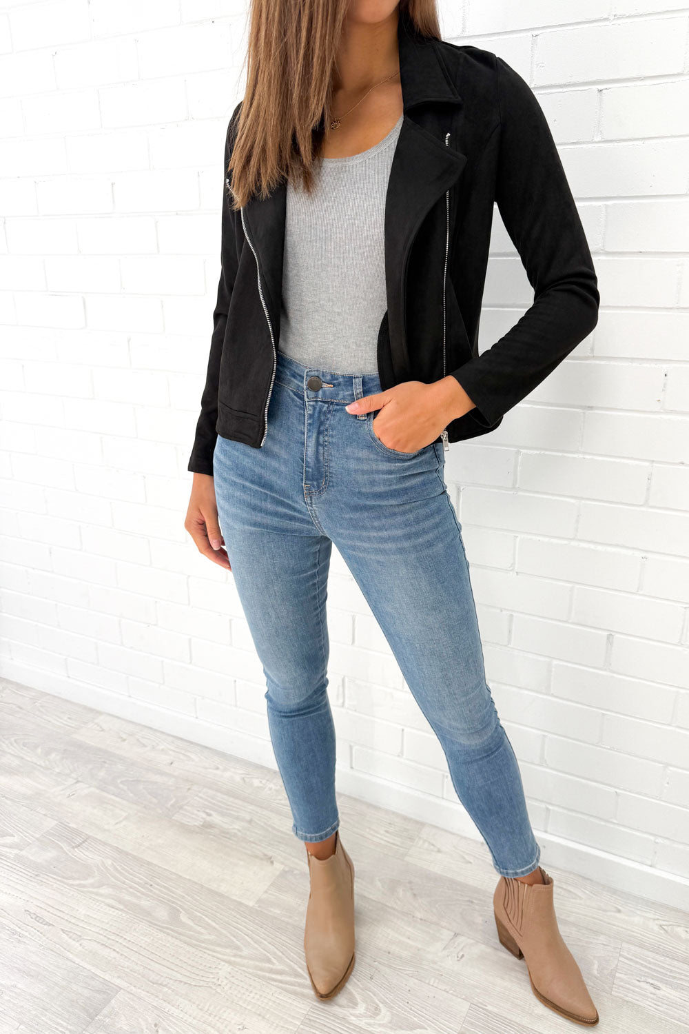 Black Suede Look Jacket Stylish Comfy Flattering Length
