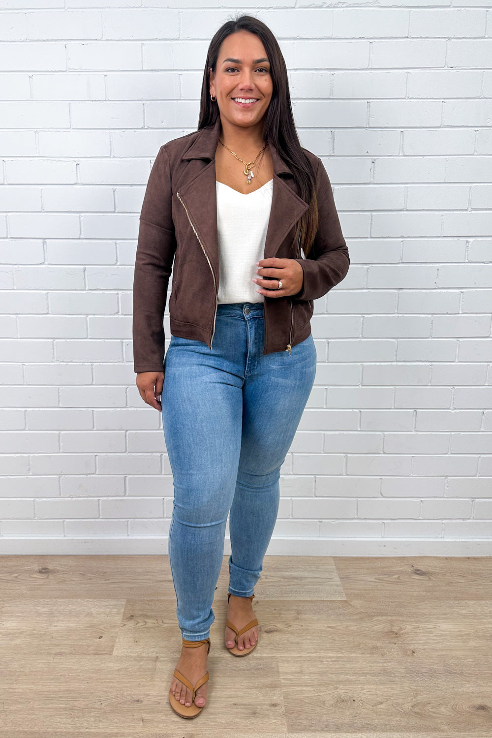 Chocolate Suede Look Jacket Gold Hardware Soft Stretchy