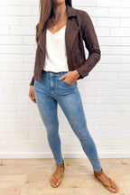 Chocolate Suede Look Jacket Gold Hardware Soft Stretchy