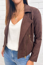 Chocolate Suede Look Jacket Gold Hardware Soft Stretchy