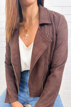 Chocolate Suede Look Jacket Gold Hardware Soft Stretchy