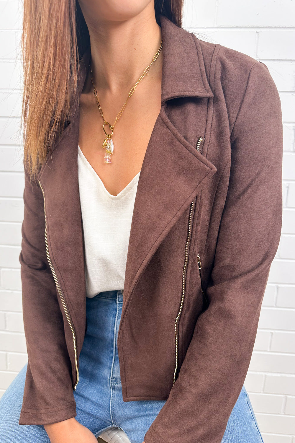 Chocolate Suede Look Jacket Gold Hardware Soft Stretchy
