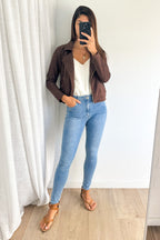 Chocolate Suede Look Jacket Gold Hardware Soft Stretchy