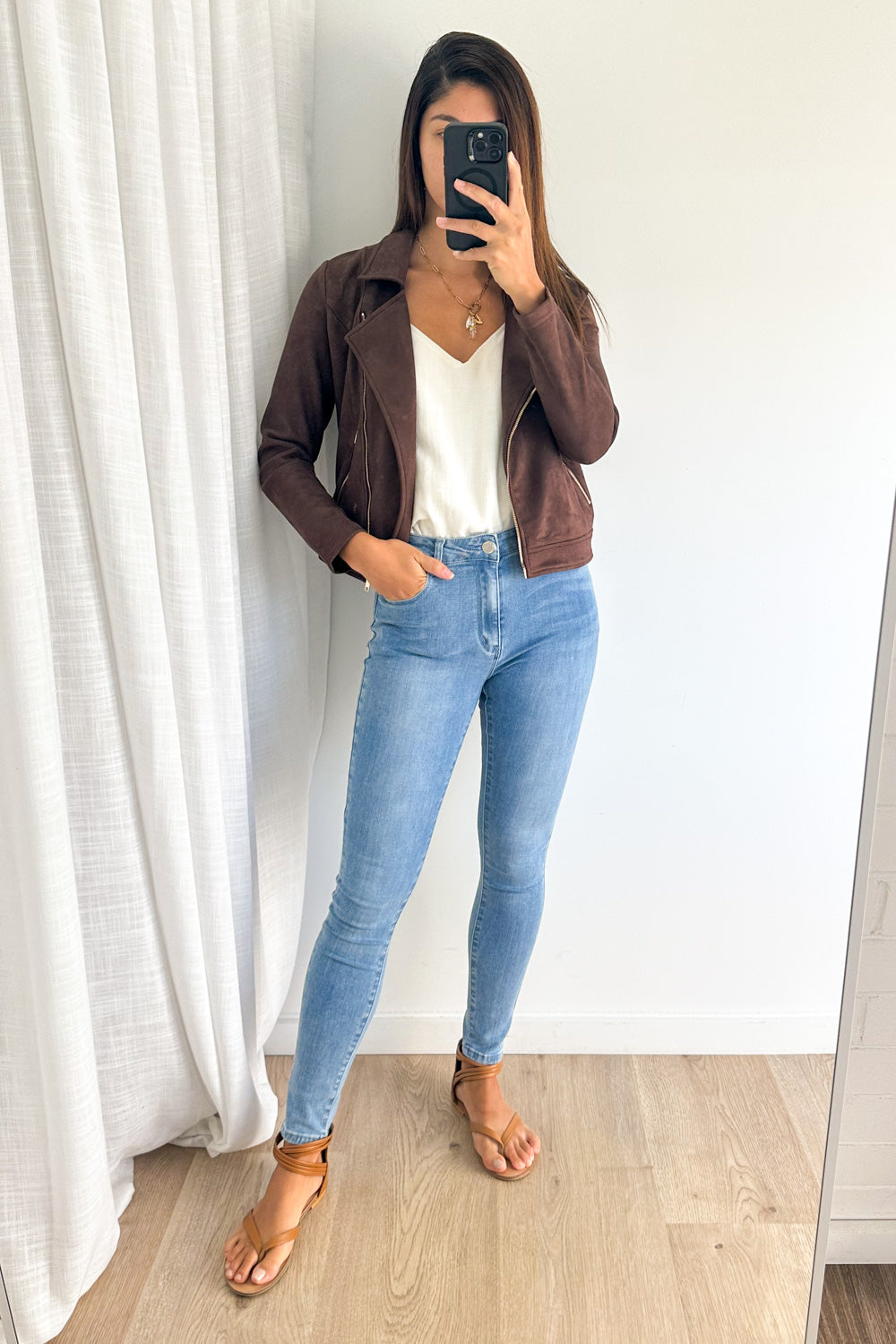 Chocolate Suede Look Jacket Gold Hardware Soft Stretchy