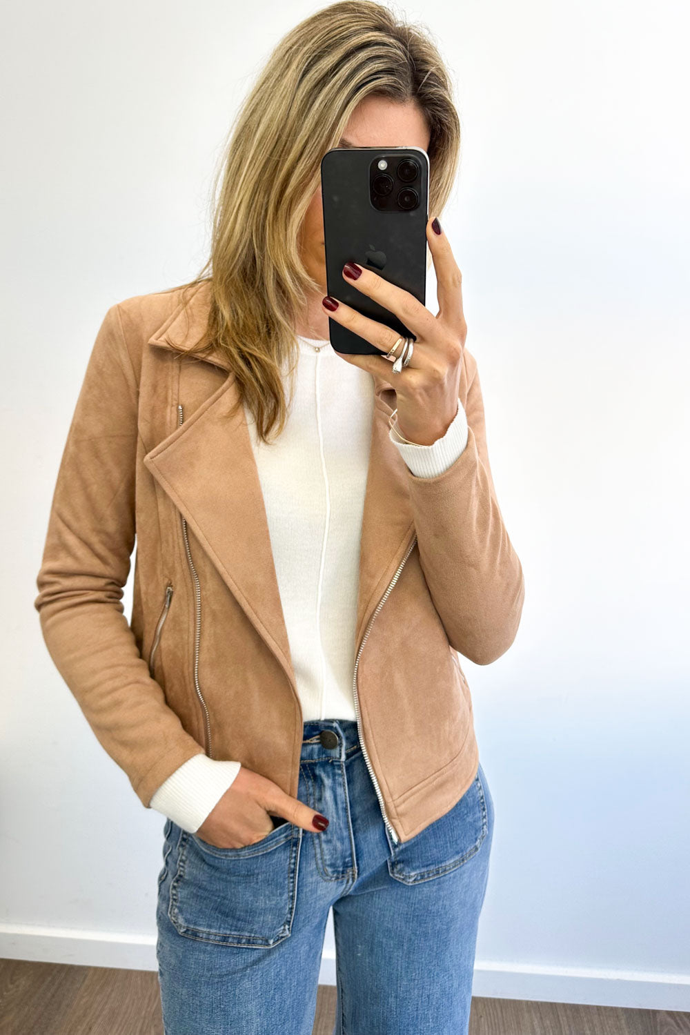 Fawn Suede Look Jacket Soft Warm Tone Flattering Fit