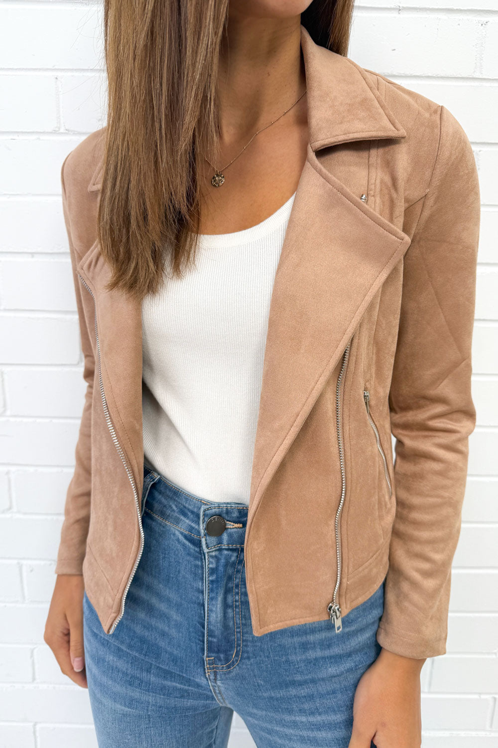 Fawn Suede Look Jacket Soft Warm Tone Flattering Fit