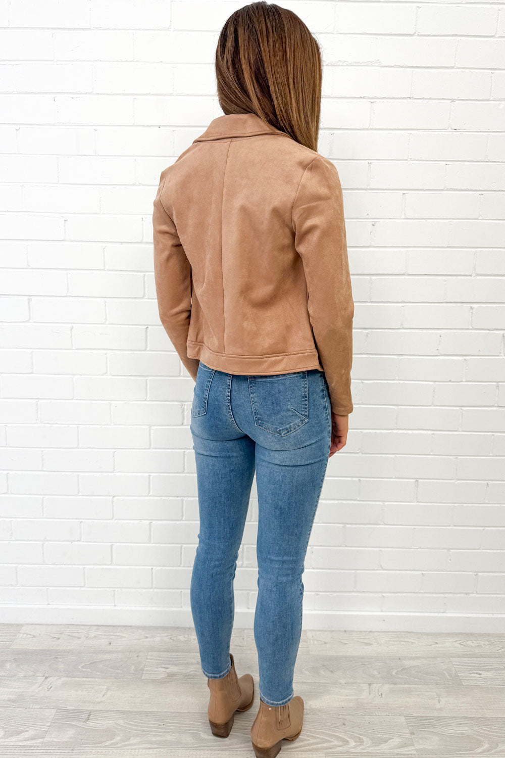 Fawn Suede Look Jacket Soft Warm Tone Flattering Fit