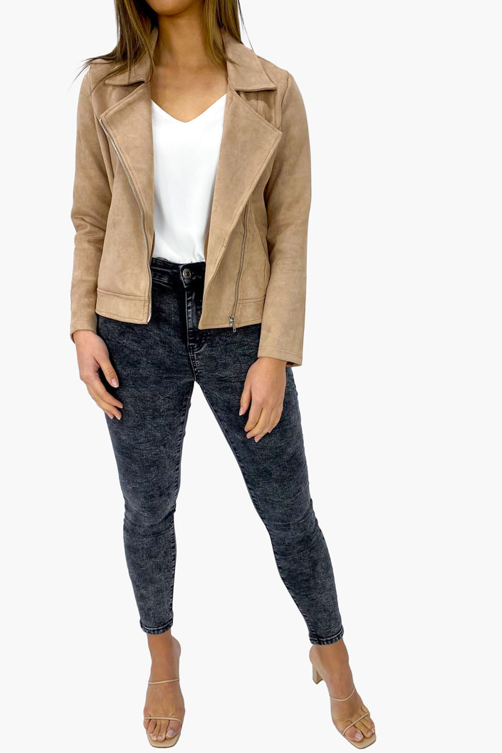 Fawn Suede Look Jacket Soft Warm Tone Flattering Fit
