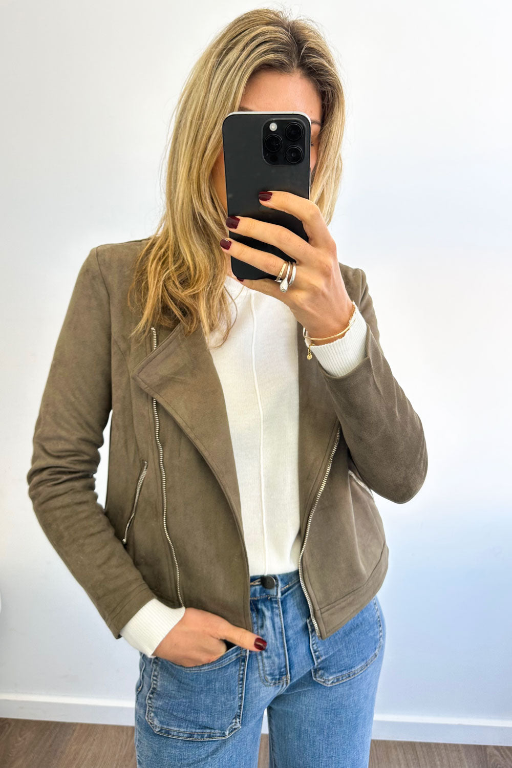 Khaki Suede Look Jacket Flattering Length Soft Stretchy
