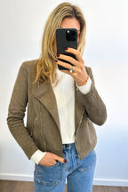 Khaki Suede Look Jacket Flattering Length Soft Stretchy