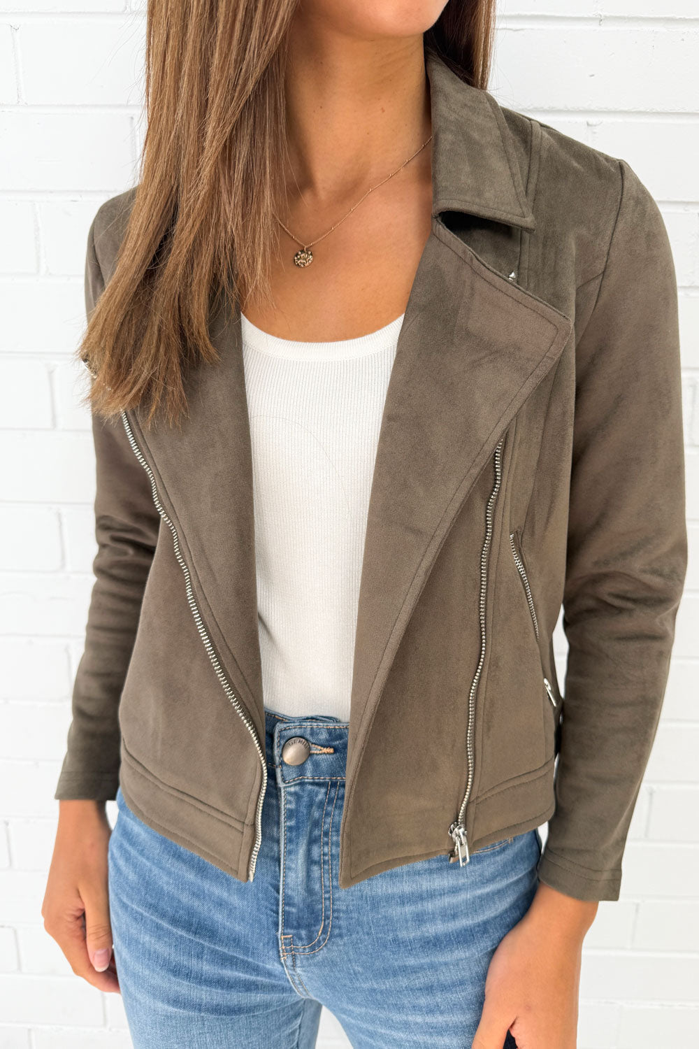 Khaki Suede Look Jacket Flattering Length Soft Stretchy