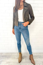 Khaki Suede Look Jacket Flattering Length Soft Stretchy