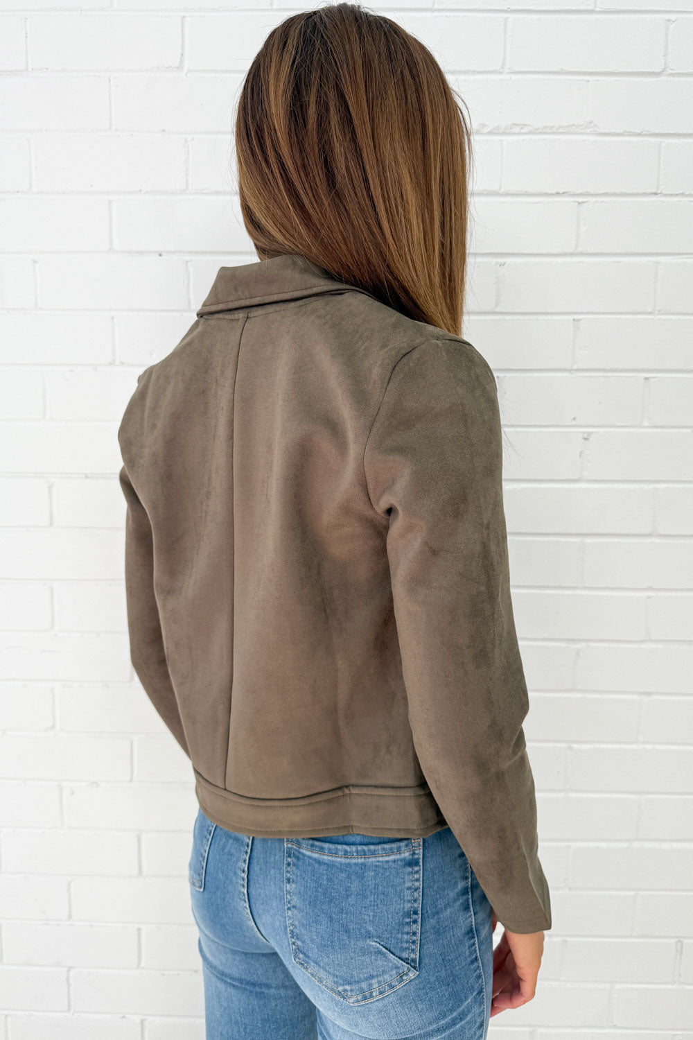 Khaki Suede Look Jacket Flattering Length Soft Stretchy