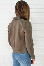 Khaki Suede Look Jacket Flattering Length Soft Stretchy