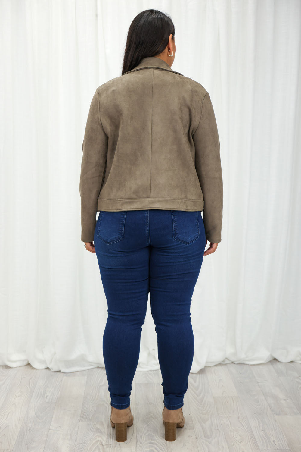 Khaki Suede Look Jacket Flattering Length Soft Stretchy