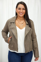 Khaki Suede Look Jacket Flattering Length Soft Stretchy