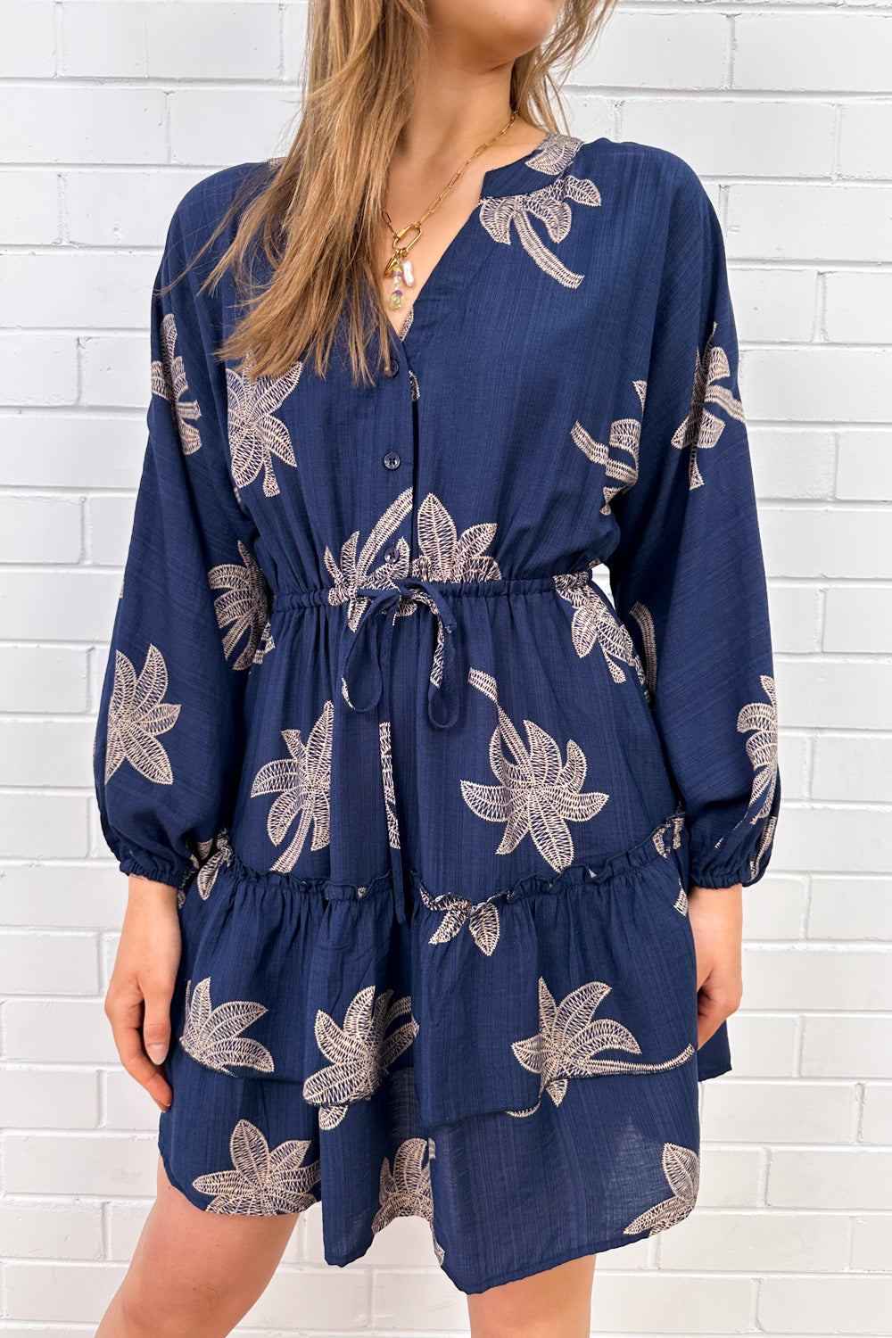 Navy Palm Print Dress Elastic Cuff Sleeves