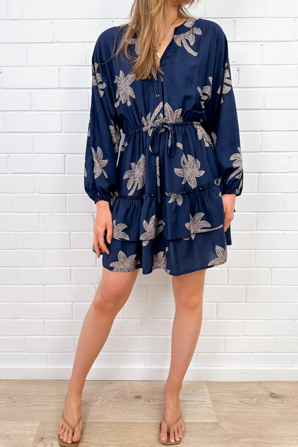 Navy Palm Print Dress Elastic Cuff Sleeves