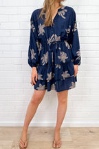 Navy Palm Print Dress Elastic Cuff Sleeves