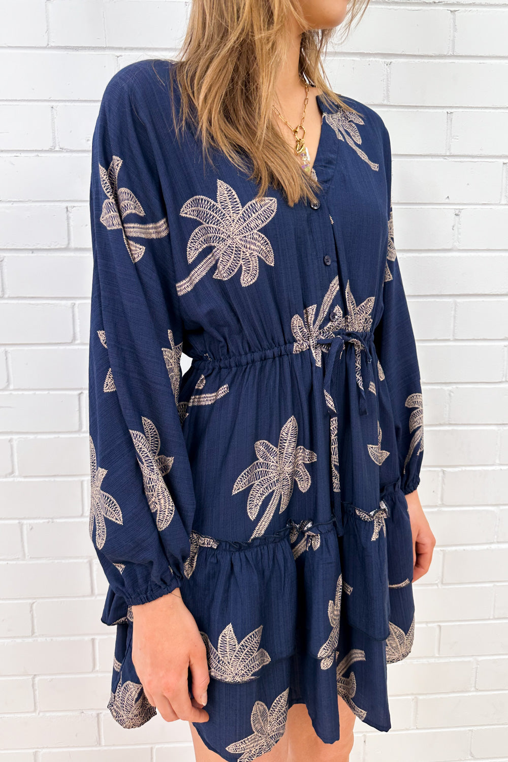 Navy Palm Print Dress Elastic Cuff Sleeves