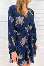Navy Palm Print Dress Elastic Cuff Sleeves