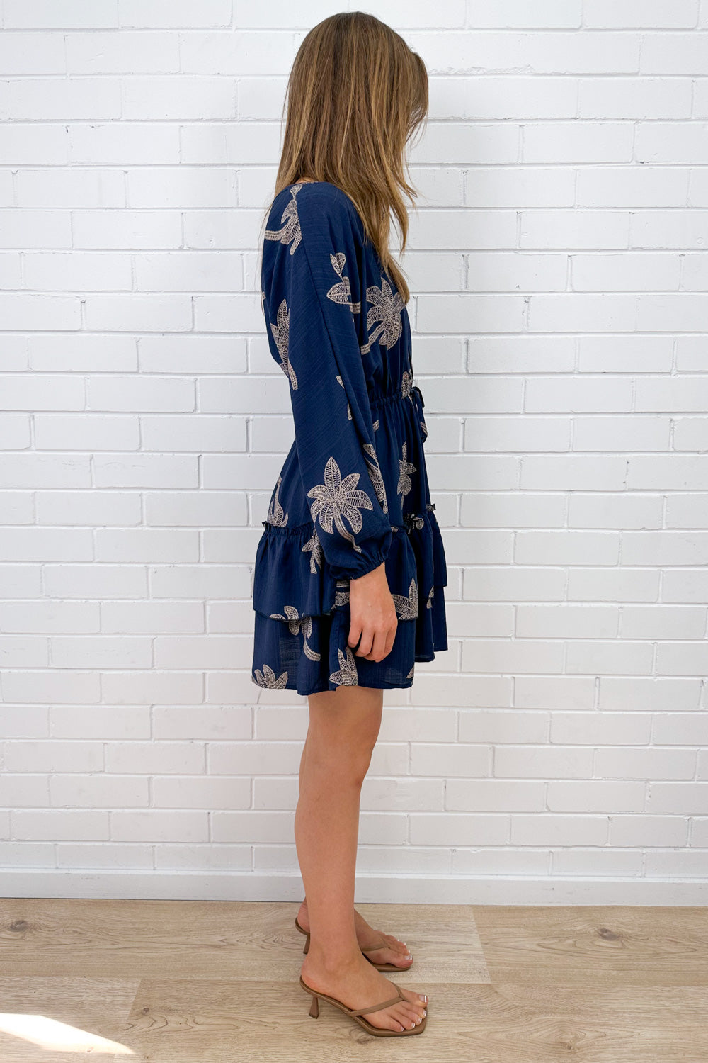 Navy Palm Print Dress Elastic Cuff Sleeves