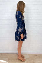 Navy Palm Print Dress Elastic Cuff Sleeves