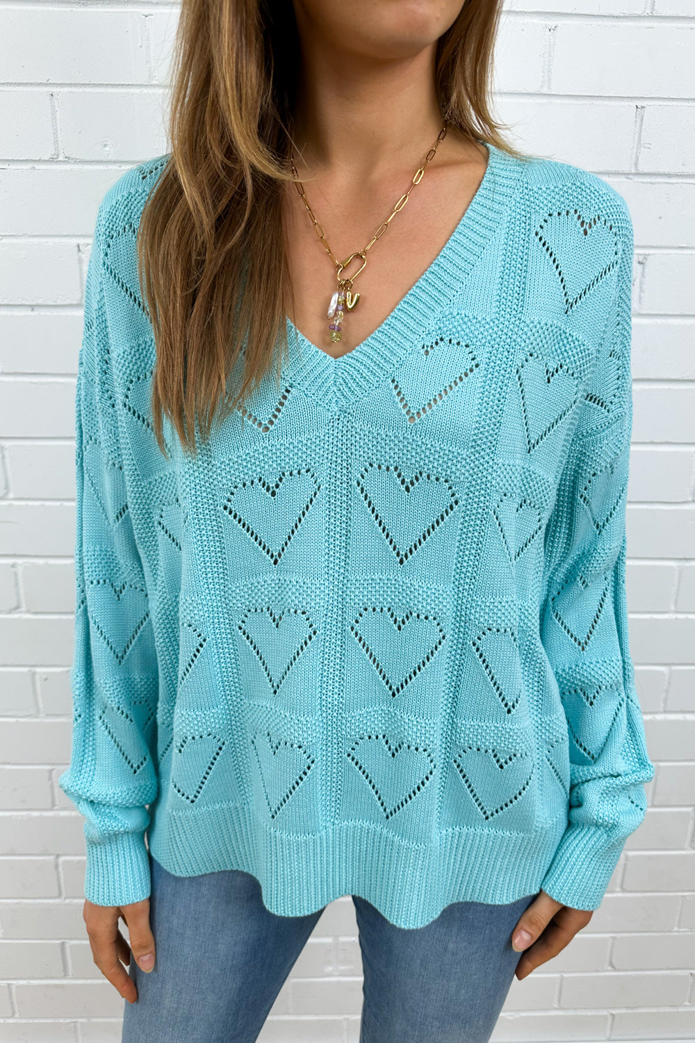 Heart Detail Knit Top Black Aqua Pink Flattering Cut