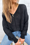 Heart Detail Knit Top Black Aqua Pink Flattering Cut