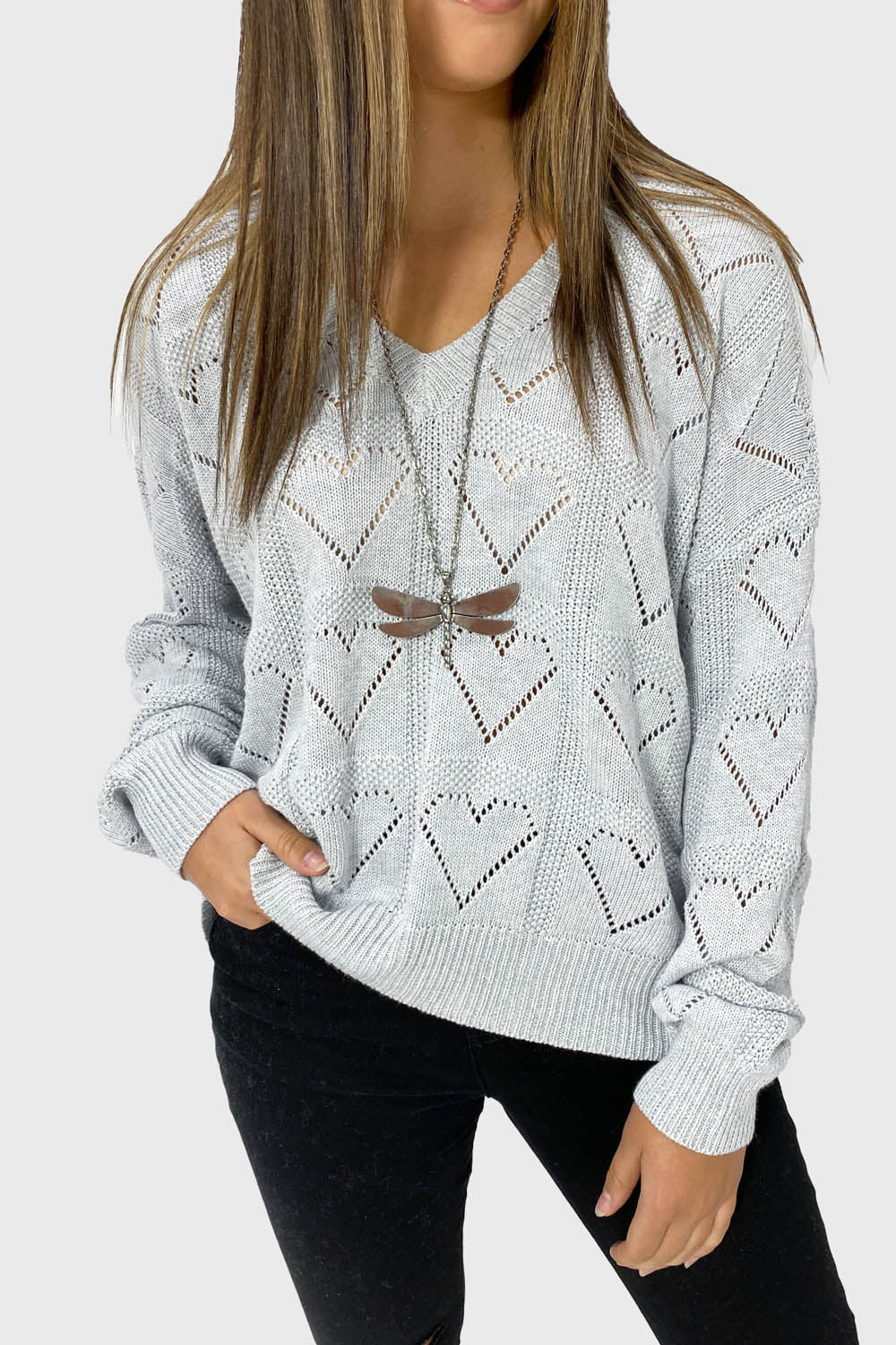 Heart Detail Knit Top Black Aqua Pink Flattering Cut