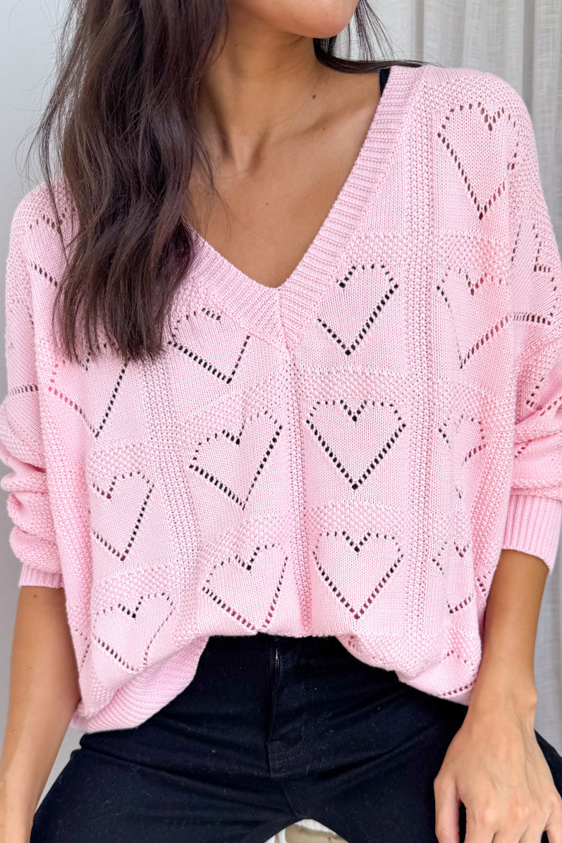 Heart Detail Knit Top Black Aqua Pink Flattering Cut