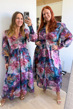 Pink Teal Floral Maxi Dress Oversized Cuffs Empire Line