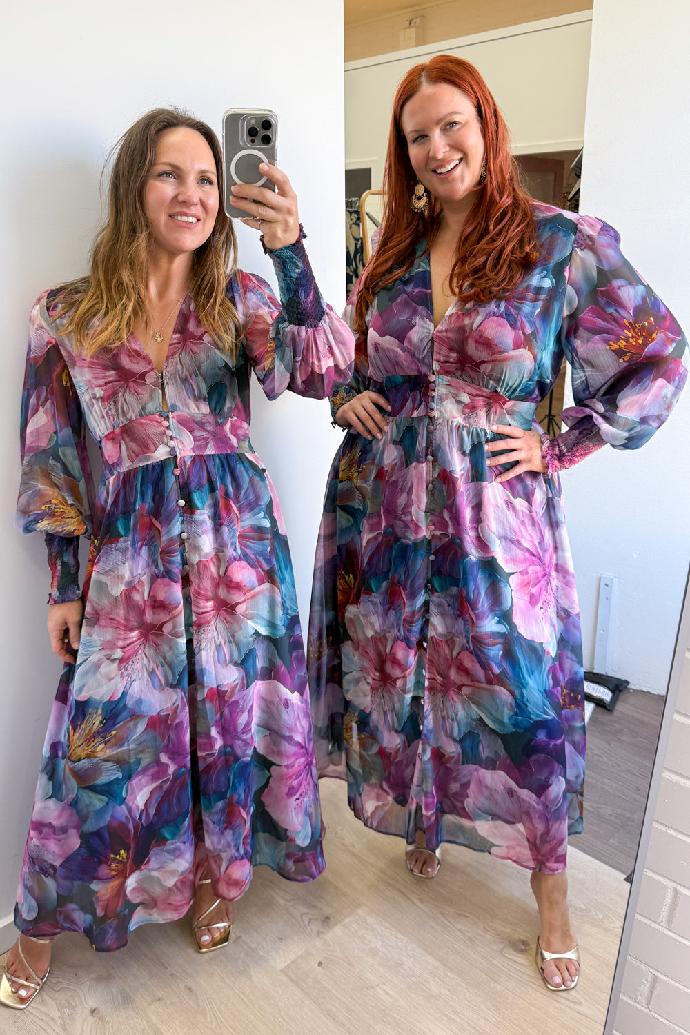 Pink Teal Floral Maxi Dress Oversized Cuffs Empire Line