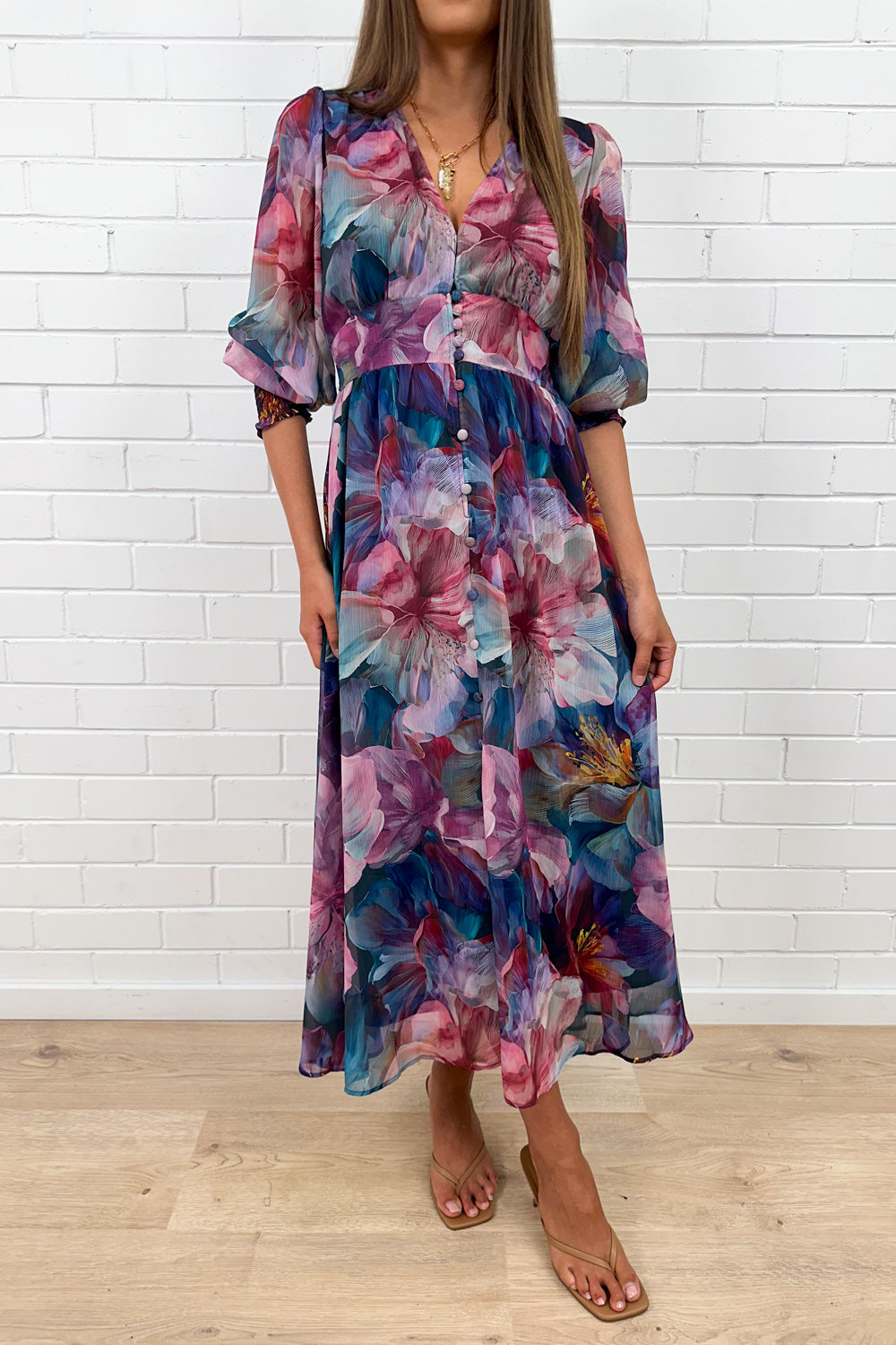 Pink Teal Floral Maxi Dress Oversized Cuffs Empire Line
