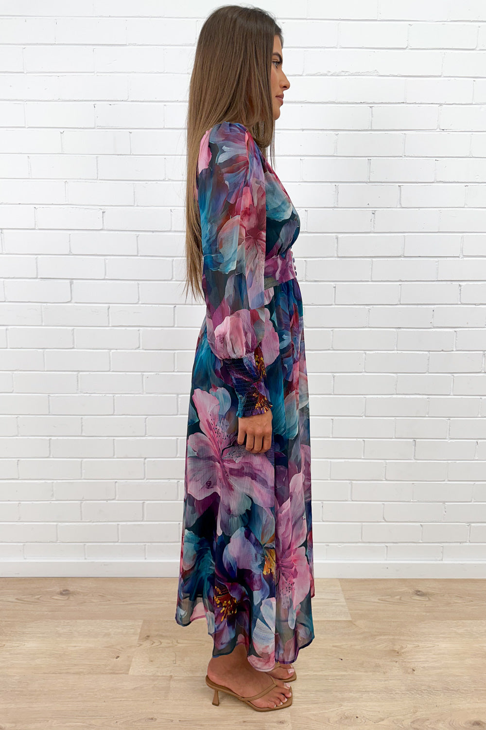 Pink Teal Floral Maxi Dress Oversized Cuffs Empire Line