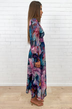 Pink Teal Floral Maxi Dress Oversized Cuffs Empire Line