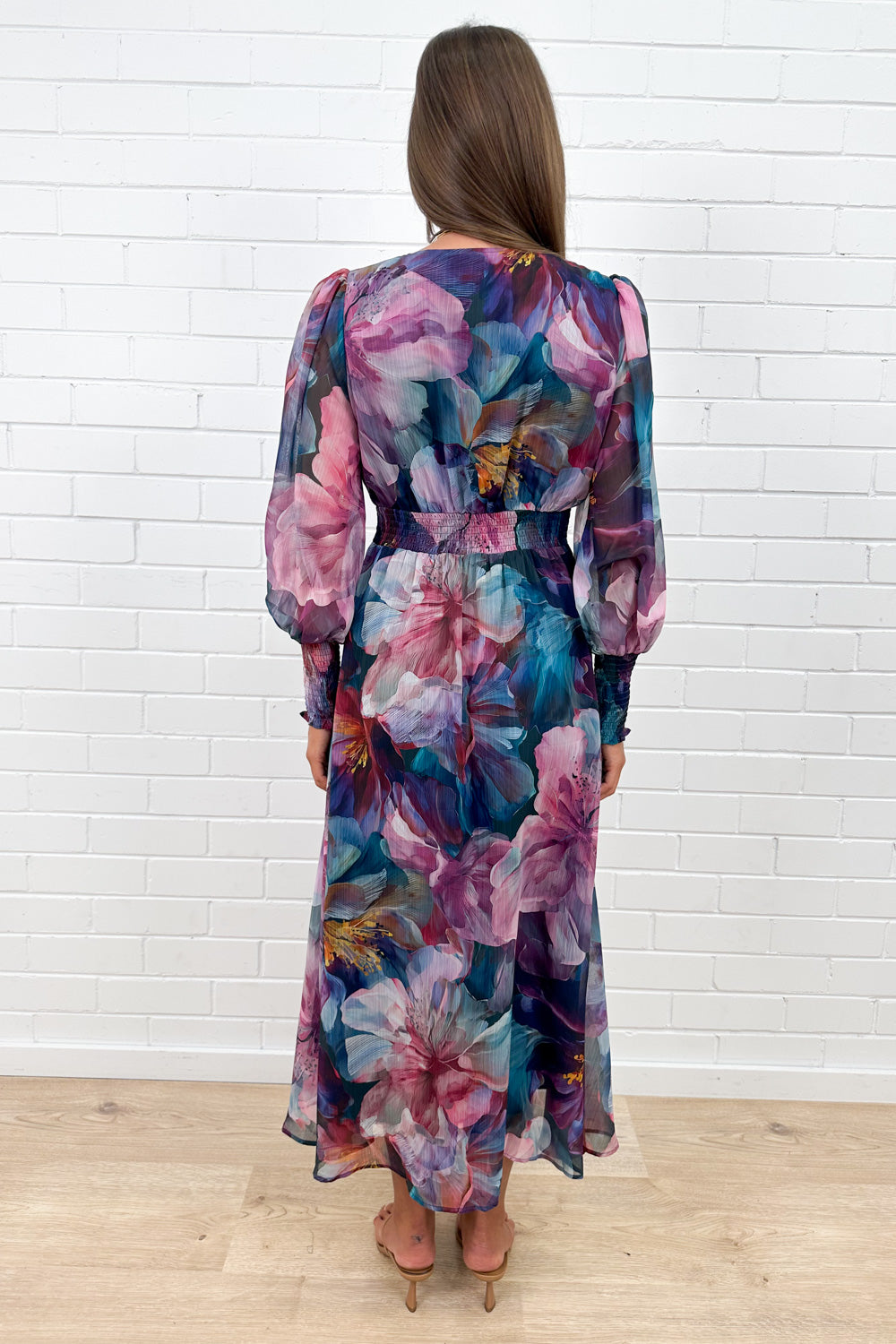 Pink Teal Floral Maxi Dress Oversized Cuffs Empire Line