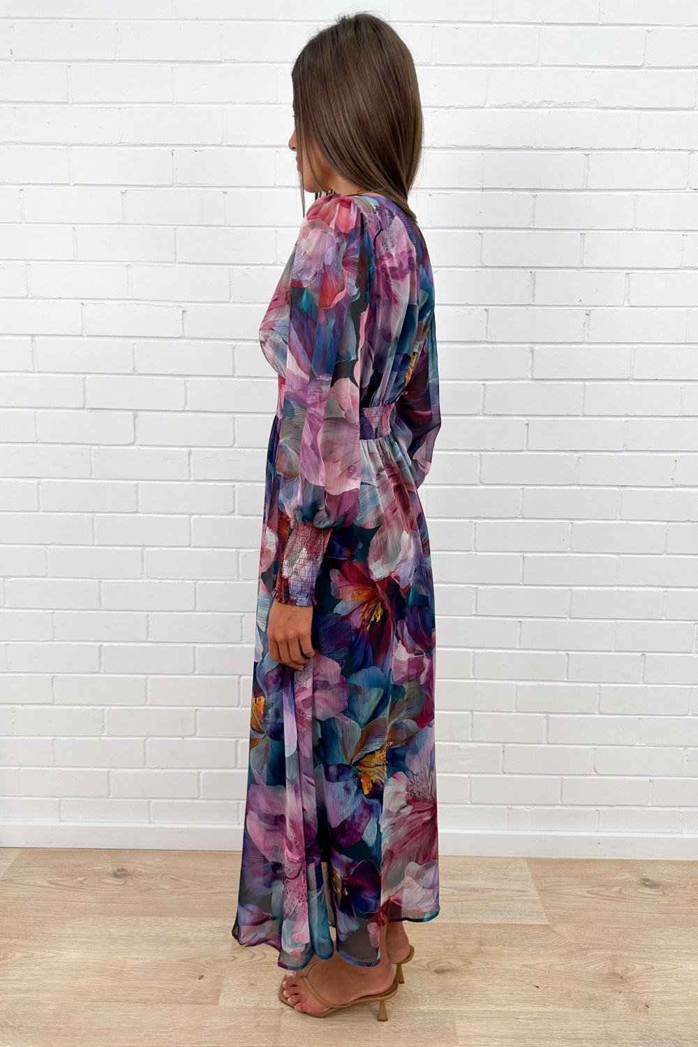 Pink Teal Floral Maxi Dress Oversized Cuffs Empire Line