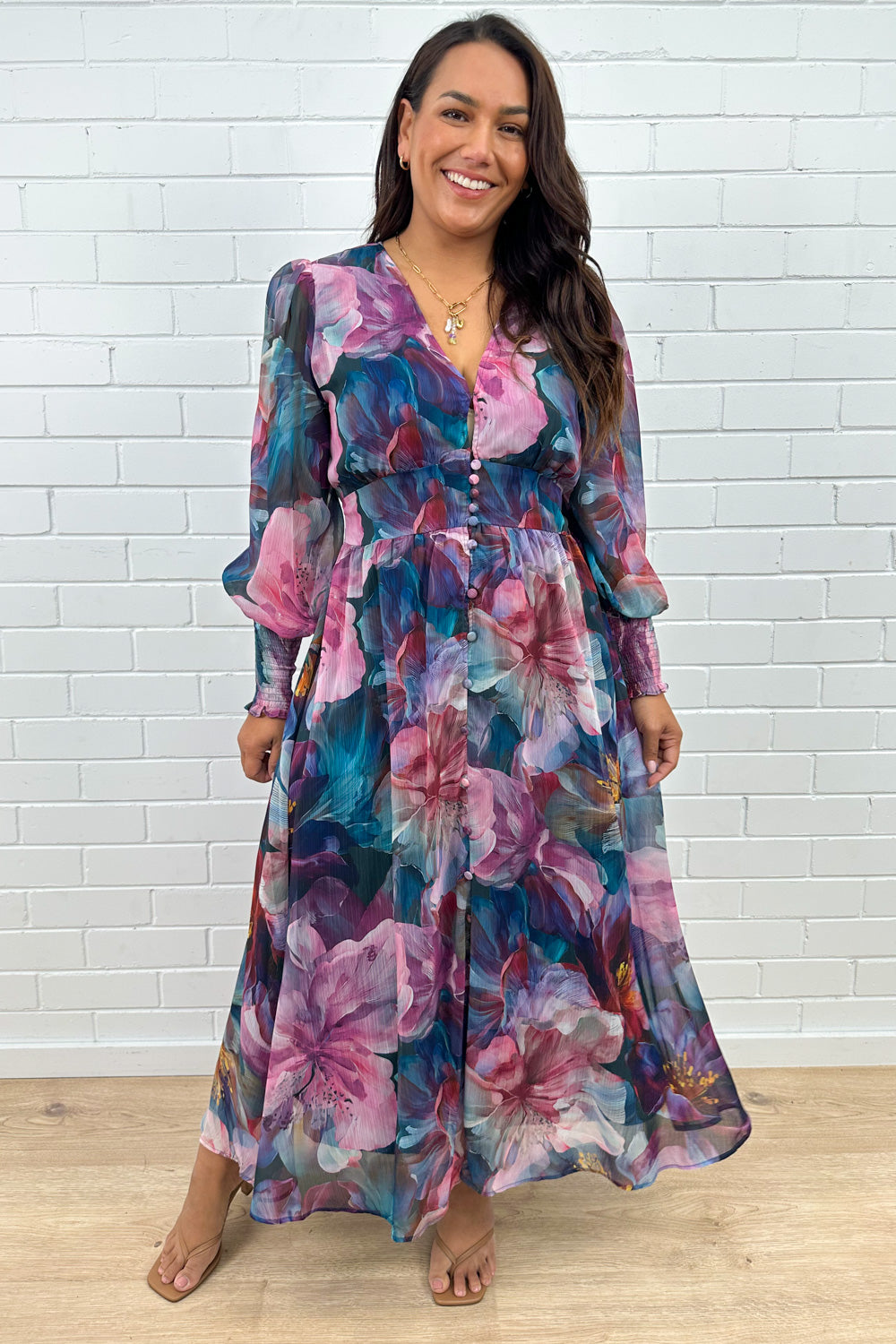 Pink Teal Floral Maxi Dress Oversized Cuffs Empire Line