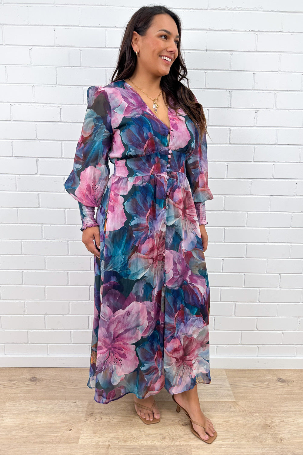 Pink Teal Floral Maxi Dress Oversized Cuffs Empire Line