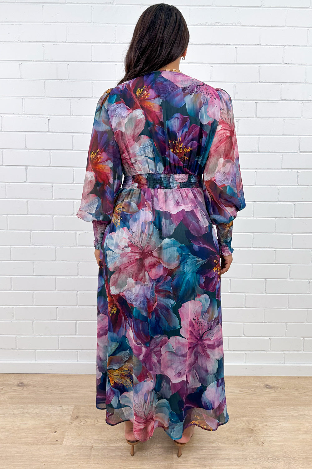 Pink Teal Floral Maxi Dress Oversized Cuffs Empire Line