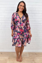 Navy Floral Short Dress Incredible Shape Divine Sleeves