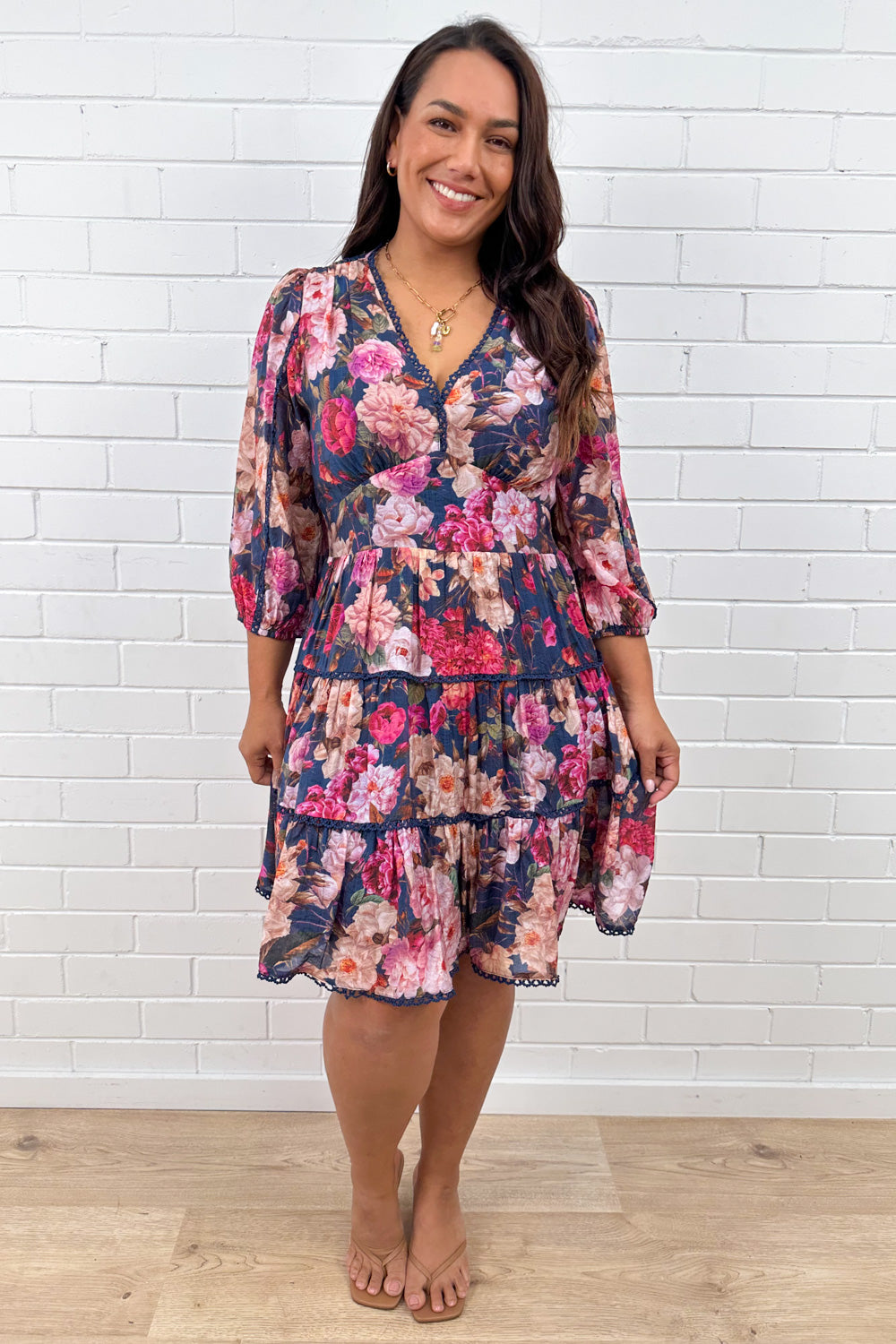 Navy Floral Short Dress Incredible Shape Divine Sleeves