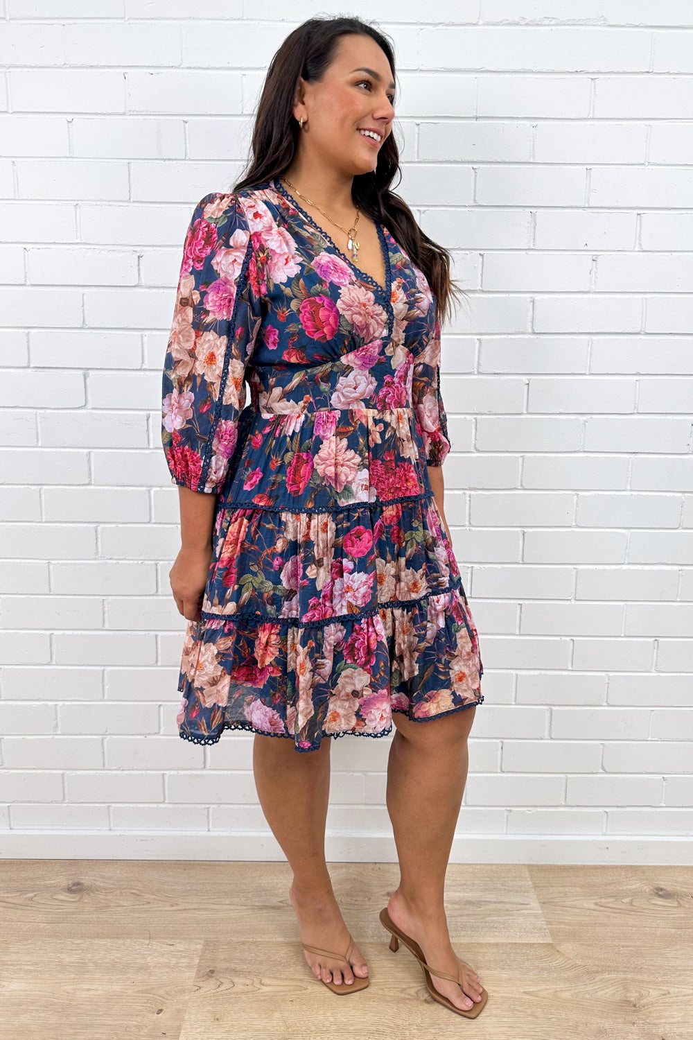 Navy Floral Short Dress Incredible Shape Divine Sleeves