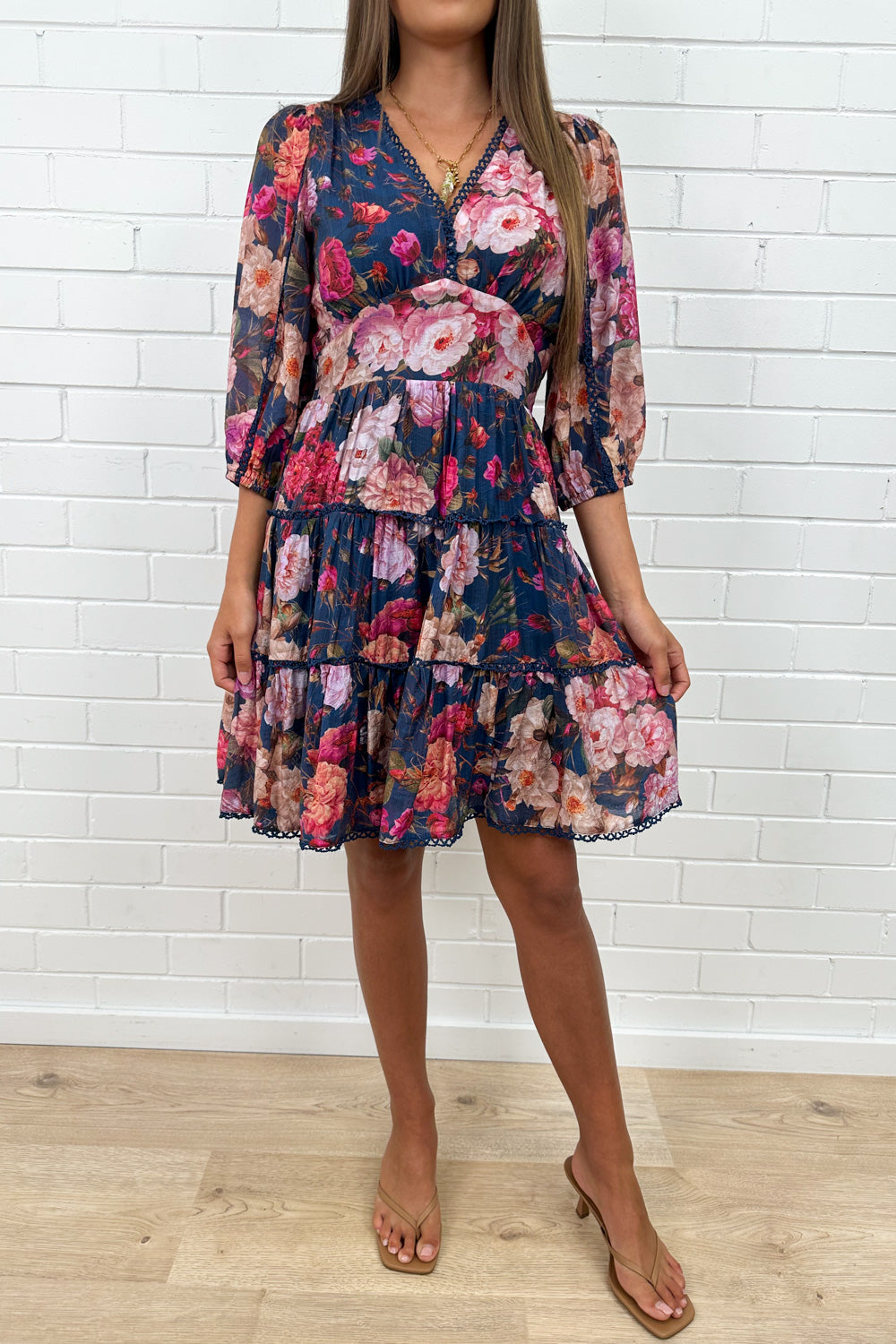 Navy Floral Short Dress Incredible Shape Divine Sleeves