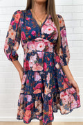 Navy Floral Short Dress Incredible Shape Divine Sleeves